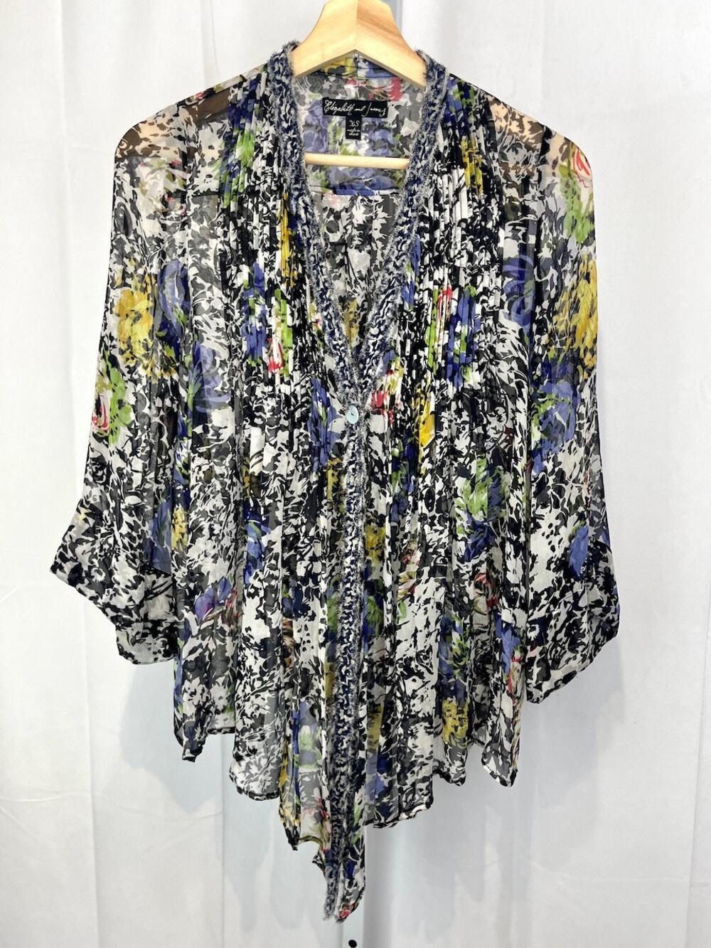ELIZABETH AND JAMES XS Silk Tokyo Top Floral Print Pleated 3/4 Sleeve Multicolor